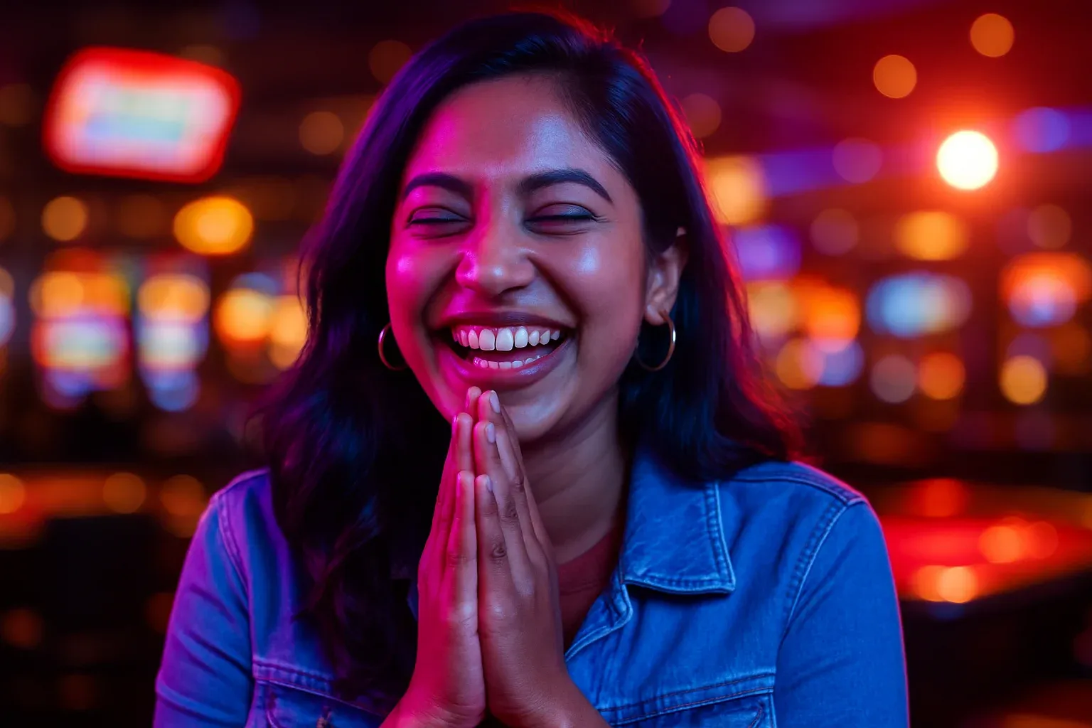 Cheerful Bangladeshi woman laughing with hands together, casino bar bokeh background