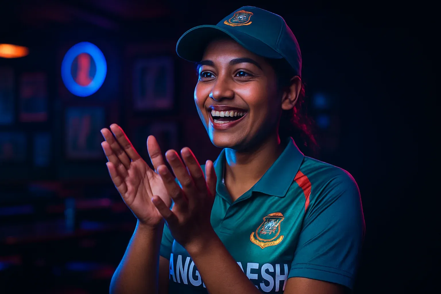 Happy Bangladeshi woman cricket fan clapping in sports bar background