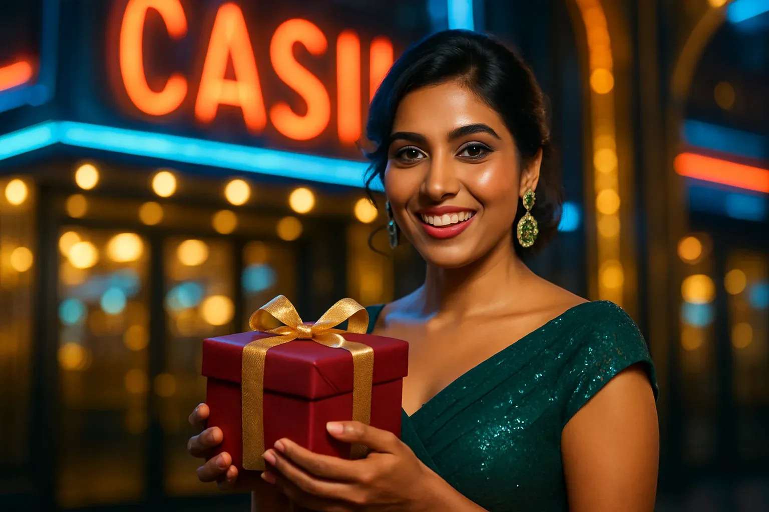 Sophisticated Bangladeshi woman in evening wear holding gift box at casino entrance