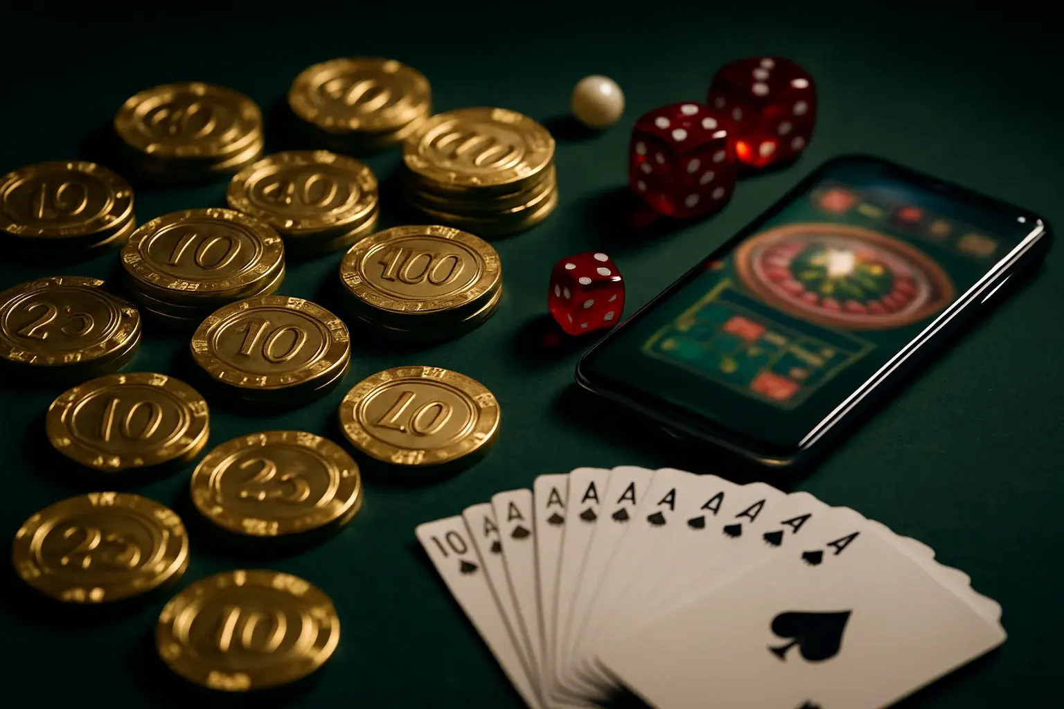 Top-down casino table with gold chips, cards, dice, roulette ball, smartphone