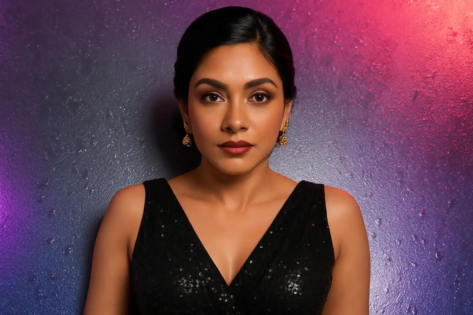 High-resolution portrait of sophisticated Bangladeshi woman in evening dress on purple and silver gradient background