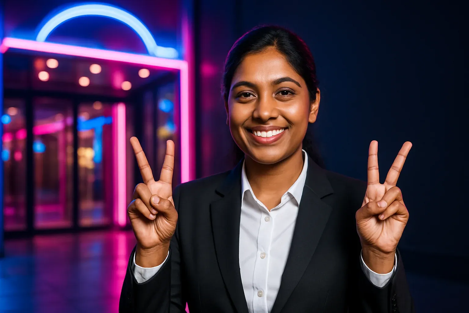 Happy Bangladeshi businesswoman making V-signs at blurred modern casino entrance