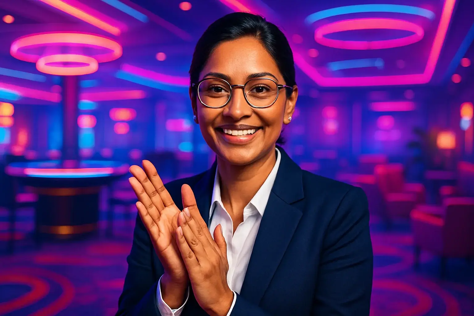 Sophisticated Bangladeshi businesswoman clapping joyfully in blurred casino lounge background